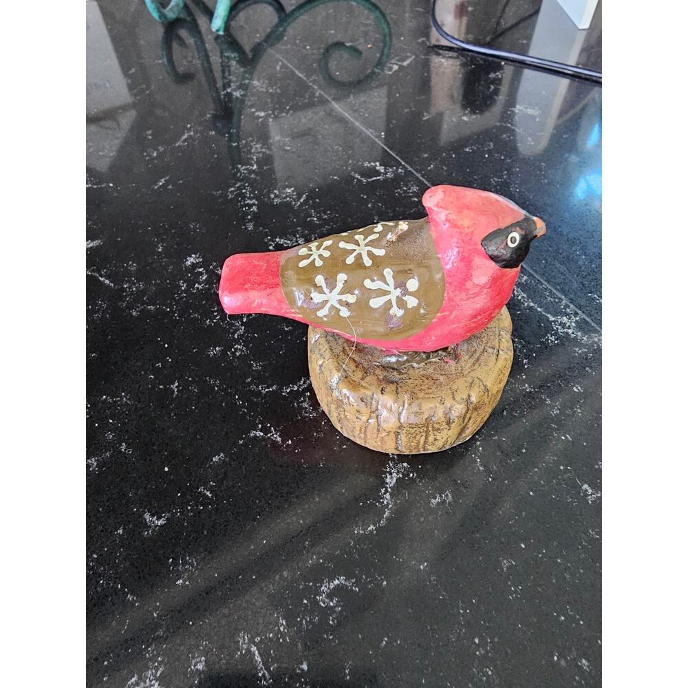 Red Cardinal Bird on Tree Stump Decorative Candle Snowflake Detail Folk Art 3in